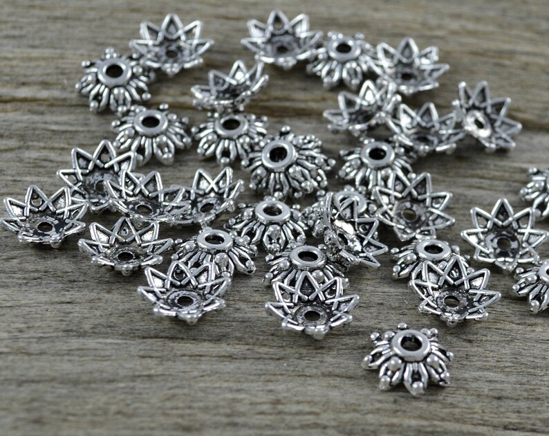 30 bead caps flowers, antique silver 8.5 mm image 2