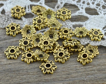 30 pcs. Bead caps flowers, antique gold - 8 mm bead caps flowers