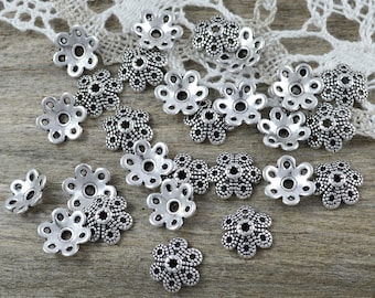 20 Perlenkappen Blümchen, Antik Silber 10 mm