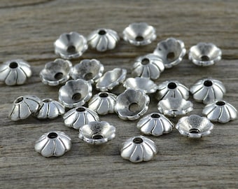 30 fleurs perles caps, antiques silver casquettes perles 8 mm