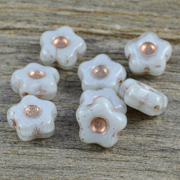 8 Böhmische Blumenperlen Glasperlen 11mm hell Grau/Kupfer Tschechische Perlen