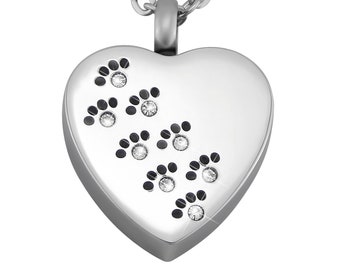 Personalisierte Kette mit Gravur Herz mit Strass-Stein-Pfoten Edelstahl Anhänger in Silber personalisierte Geschenke
