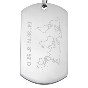 Personalisierte Kette mit Gravur Dog Tag Erkennungsmarke mit Weltkarte aus Edelstahl personalisierte Geschenke  Reisende
