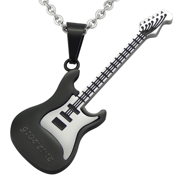 Personalisierte Kette mit Gravur Edelstahl Anhänger Gitarre Schwarz, Gold oder Silber personalisierte Geschenke  Musiker