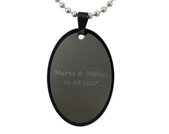 Personalisierte Kette mit Gravur Anhänger Medaillon Oval in schwarz Edelstahl personalisierte Geschenke  Männer, Frauen