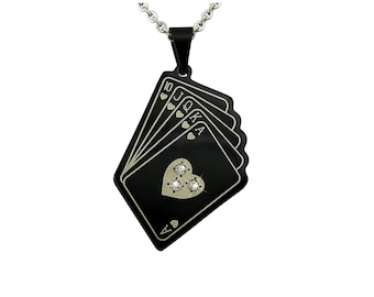 Personalisierte Kette mit Gravur Royal Flush Poker aus Edelstahl in schwarz mit Strass Stein personalisierte Geschenke