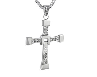 Stainless steel chain with engraved cross pendant 60 cm long - Dominic Toretto Vin Diesel necklace inspired by Fast and Furious Fast&Furious