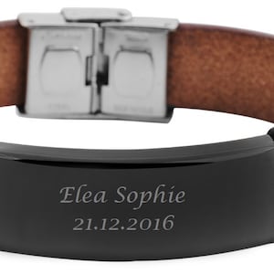 Personalized bracelet with engraving leather in brown and silver with stainless steel elements personalized gifts