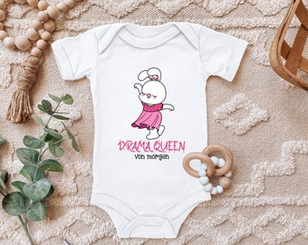 Baby bodysuit "Drama Queen, little bunny girl with crown" saying birthday gift for girls short sleeve organic cotton