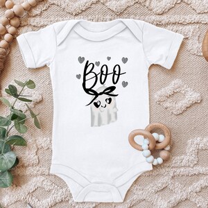 Blauwe Ooievaar Baby Romper Boo Little Ghost Ghost Hearts Cadeau voor peuter Biologisch katoen met korte mouwen