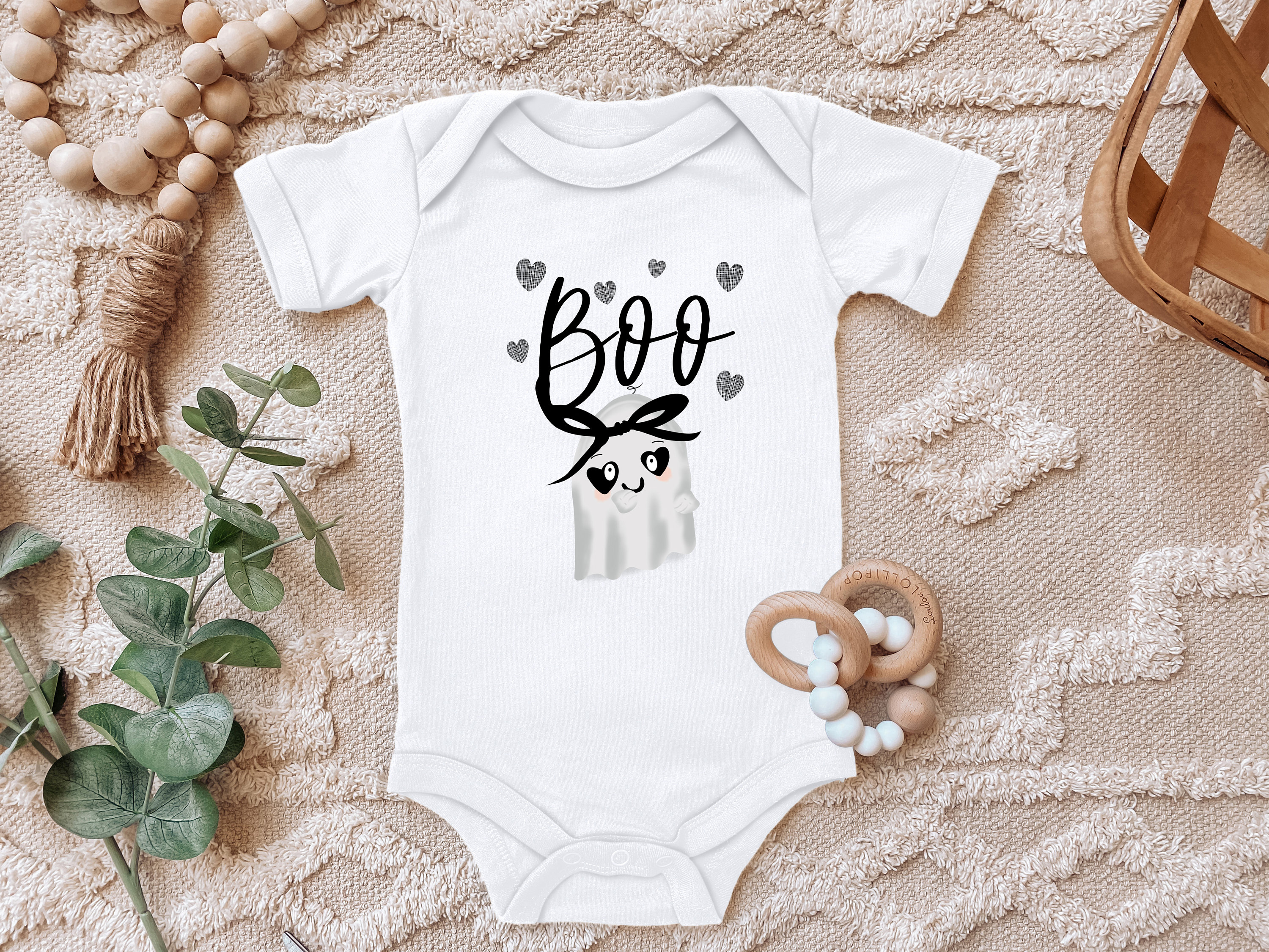 Blue Stork Baby Body Boo Little Ghost Spirit Hearts Gift for Toddler Short Sleeve Organic Cotton