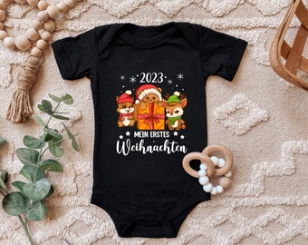 Baby bodysuit "My first Christmas 2023, squirrel teddy and reindeer" gift Christmas, Santa Claus for toddler short sleeve organic cotton