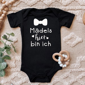 Blauwe ooievaar baby bodysuit &quot;Meisjes, hier ben ik&quot; strikje cadeau voor geboorte op verjaardag voor peuter korte mouw biologisch katoen