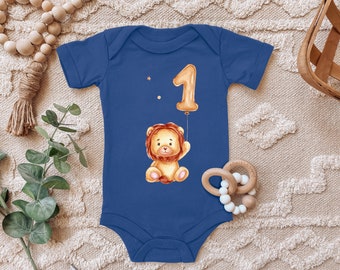 Blauer-Storch Baby Body zum 1. Geburtstag Löwe mit Luftballon Geschenk zum Geburtstag für Kleinkind Kurzarm Bio Baumwolle