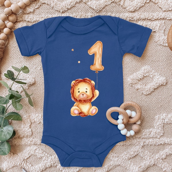 Blauer-Storch Baby Body zum 1. Geburtstag Löwe mit Luftballon Geschenk zum Geburtstag für Kleinkind Kurzarm Bio Baumwolle