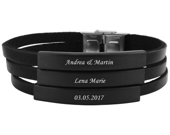 Personalized bracelet with engraving leather strap black stainless steel with three engraving surfaces personalized gifts