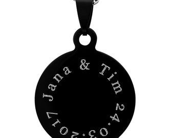 Personalisierte Kette mit Gravur Kreis Anhänger mit rundlaufendem Text aus Edelstahl in schwarz personalisierte Geschenke