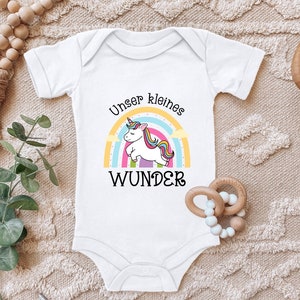 Baby Body &quot;Our little miracle, unicorn in front of a rainbow&quot; gift for birth birthday for toddler short sleeve organic cotton