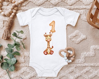 Blauer-Storch Baby Body zum 1. Geburtstag Giraffe mit Luftballon Geschenk zum Geburtstag für Kleinkind Kurzarm Bio Baumwolle