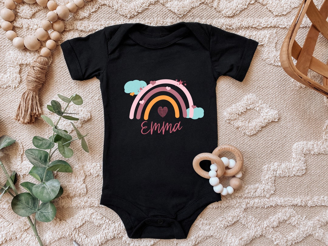Blue Stork Baby Bodysuit With Rainbow Personalizable With Name