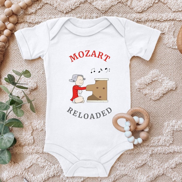 Body bébé "Mozart Reloaded, Le Pianiste au Piano" disant cadeau pour un anniversaire de naissance pour tout-petit manches courtes coton bio