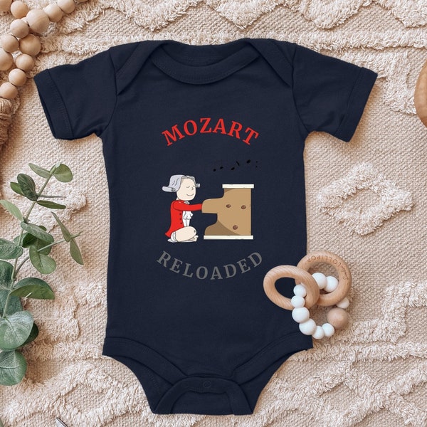 Body bébé "Mozart Reloaded, Le Pianiste au Piano" disant cadeau pour un anniversaire de naissance pour tout-petit manches courtes coton bio