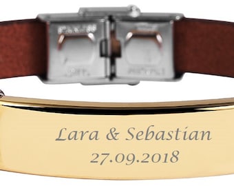 Personalized bracelet with engraving genuine leather in brown and gold (22 cm length) personalized gifts