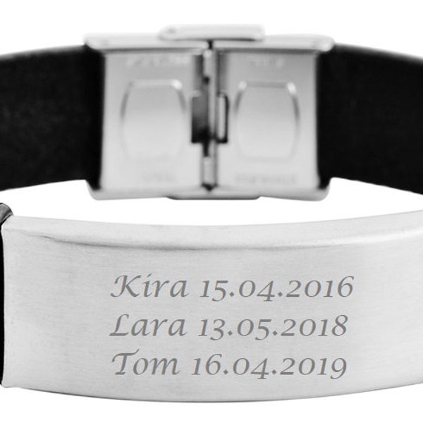 Personalisiertes Armband mit Gravur Echt Lederarmband schwarz Edelstahl mit eigenem Text personalisierte Geschenke