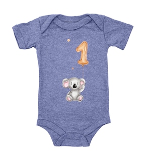Blue Stork Baby Bodysuit for 1st Birthday Koala with Balloon Birthday Gift for Toddler Short Sleeve Organic Cotton