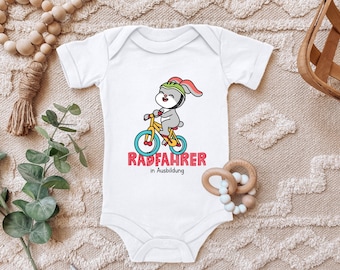 Baby bodysuit "Cyclist in training, bunny on bike" gift for racing cyclists offspring for birth short sleeve organic cotton