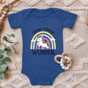 Baby Body &quot;Our little miracle, unicorn in front of a rainbow&quot; gift for birth birthday for toddler short sleeve organic cotton