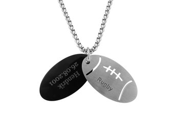 Personalisierte Kette mit Gravur Anhänger Rugby oval Edelstahl Silber/schwarz personalisierte Geschenke  für Männer
