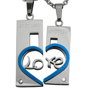 Personalisierte Ketten mit Gravur Partnerketten Herzhälften Love aus Edelstahl Silber/blau personalisierte Geschenke Bild 2