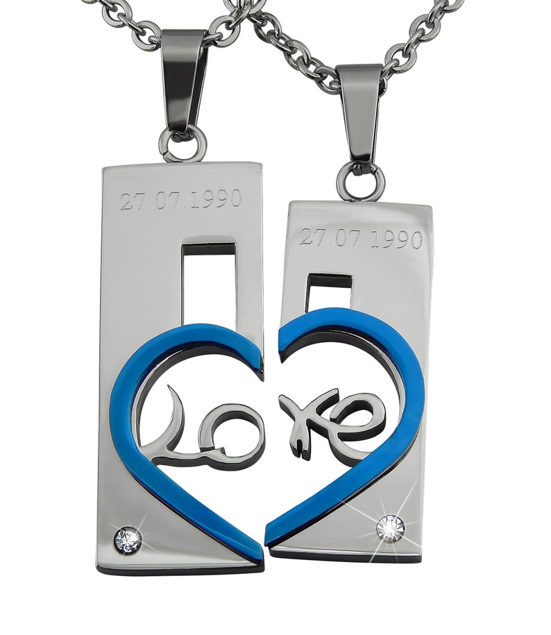 Personalisierte Ketten mit Gravur Partnerketten Herzhälften Love aus Edelstahl Silber/blau personalisierte Geschenke Bild 2