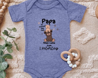 Blauwe ooievaar babyromper "Papa, je doet het geweldig, eerste vaderdagbeer" geboortecadeau voor Vaderdag voor peuter korte mouw biologisch katoen