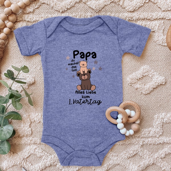 Blauer-Storch Baby Body "Papa du machst das Toll Erster Vatertag Bärchen" Geschenk Geburt zum Vatertag für Kleinkind Kurzarm Bio Baumwolle