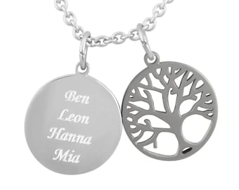 Personalisierte Kette mit Gravur runder Anhänger und Lebensbaum Anhänger Edelstahl in Silber personalisierte Geschenke