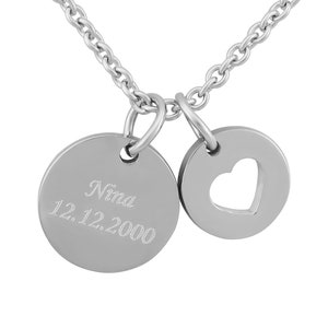 Personalized necklace with engraving small round pendant with heart stainless steel in silver personalized gifts