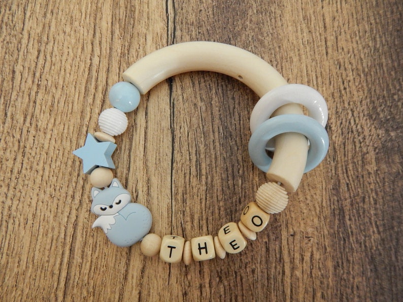 Griffin with name ring biting ring fox and star gift for birth or baptism of wood young girl baby