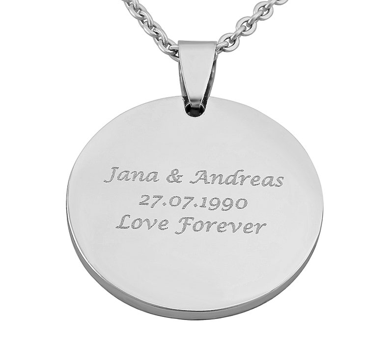 Personalisierte Kette mit Gravur runder Kreis Anhänger aus Edelstahl Silber personalisierte Geschenke Männer und Frauen Bild 1