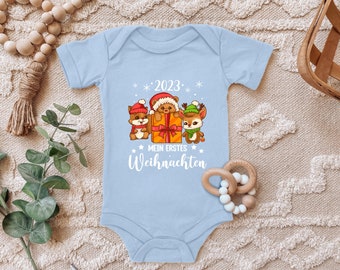 Baby bodysuit "My first Christmas 2023, squirrel teddy and reindeer" gift Christmas, Santa Claus for toddler short sleeve organic cotton