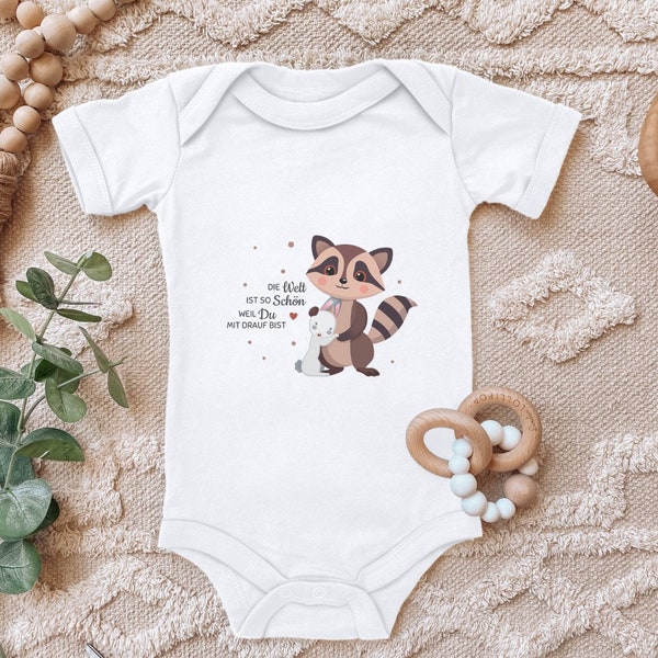 Body bébé "Le monde est beau parce que tu es dedans, mignon raton laveur et petit lapin" cadeau naissance anniversaire bambin coton