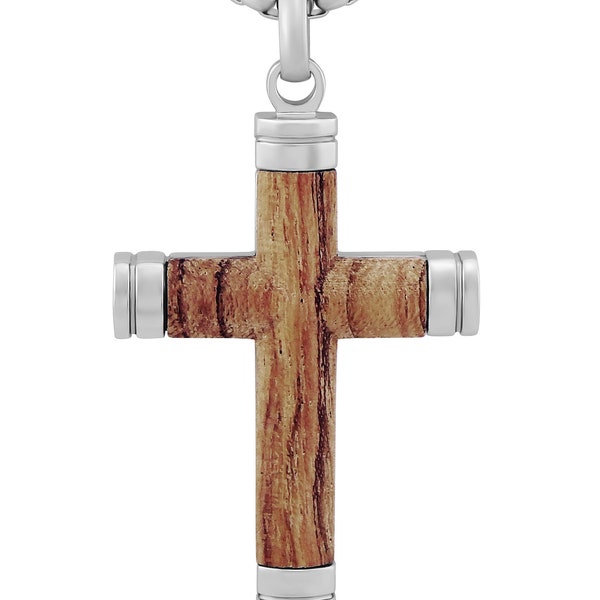 Personalisierte Kette mit Gravur Anhänger Kreuz Holz aus Edelstahl in Silber personalisierte Geschenke  für Männer