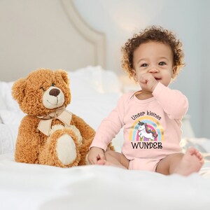 Baby Body &quot;Our little miracle, unicorn in front of a rainbow&quot; gift for birth birthday for toddler long sleeve organic cotton