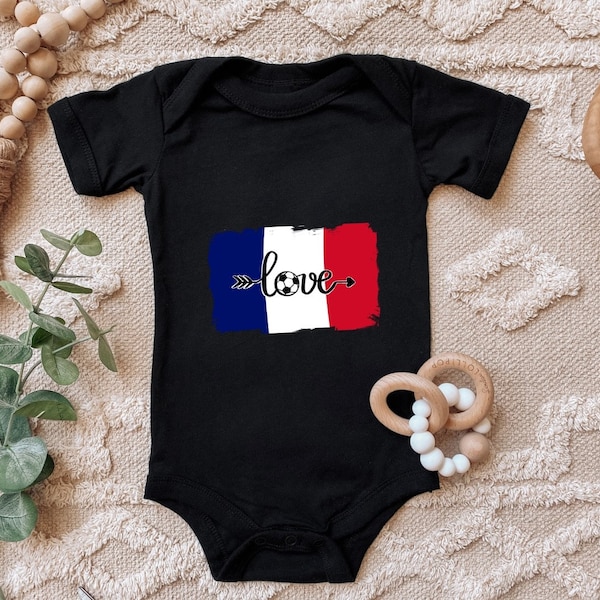 Baby Bodysuit "Football Love, French Flag, France" Gift Birthday, Little Football Fan for Toddler Short Sleeve Organic Cotton