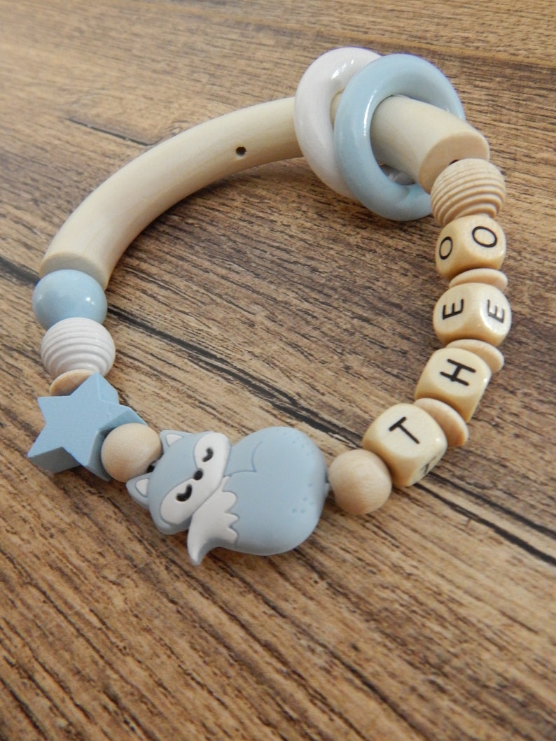 Griffin with name ring biting ring fox and star gift for birth or baptism of wood young girl baby