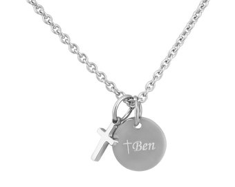 Personalisierte Kette mit Gravur runder Anhänger mit Kreuz aus Edelstahl in Silber personalisierte Geschenke