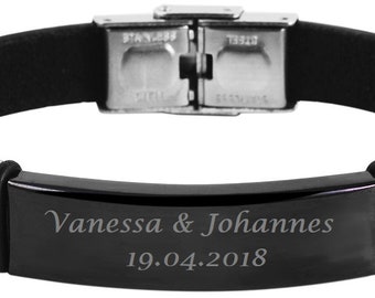 Personalisiertes Armband mit Gravur in Schwarz aus Echtleder und Edelstahl personalisierte Geschenke