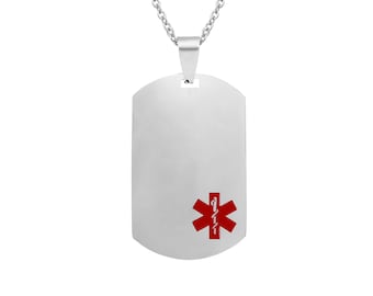 Medical Chain with Engraving Emergency Contact Engraved on Both Sides in Silver Dog Tag Dog Tag Stainless Steel Medical Pendant Emergency