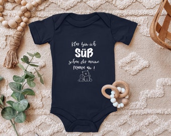 Blue stork baby bodysuit with saying "Sure I'm sweet, look at my mom" kitten gift for toddler short sleeve organic cotton